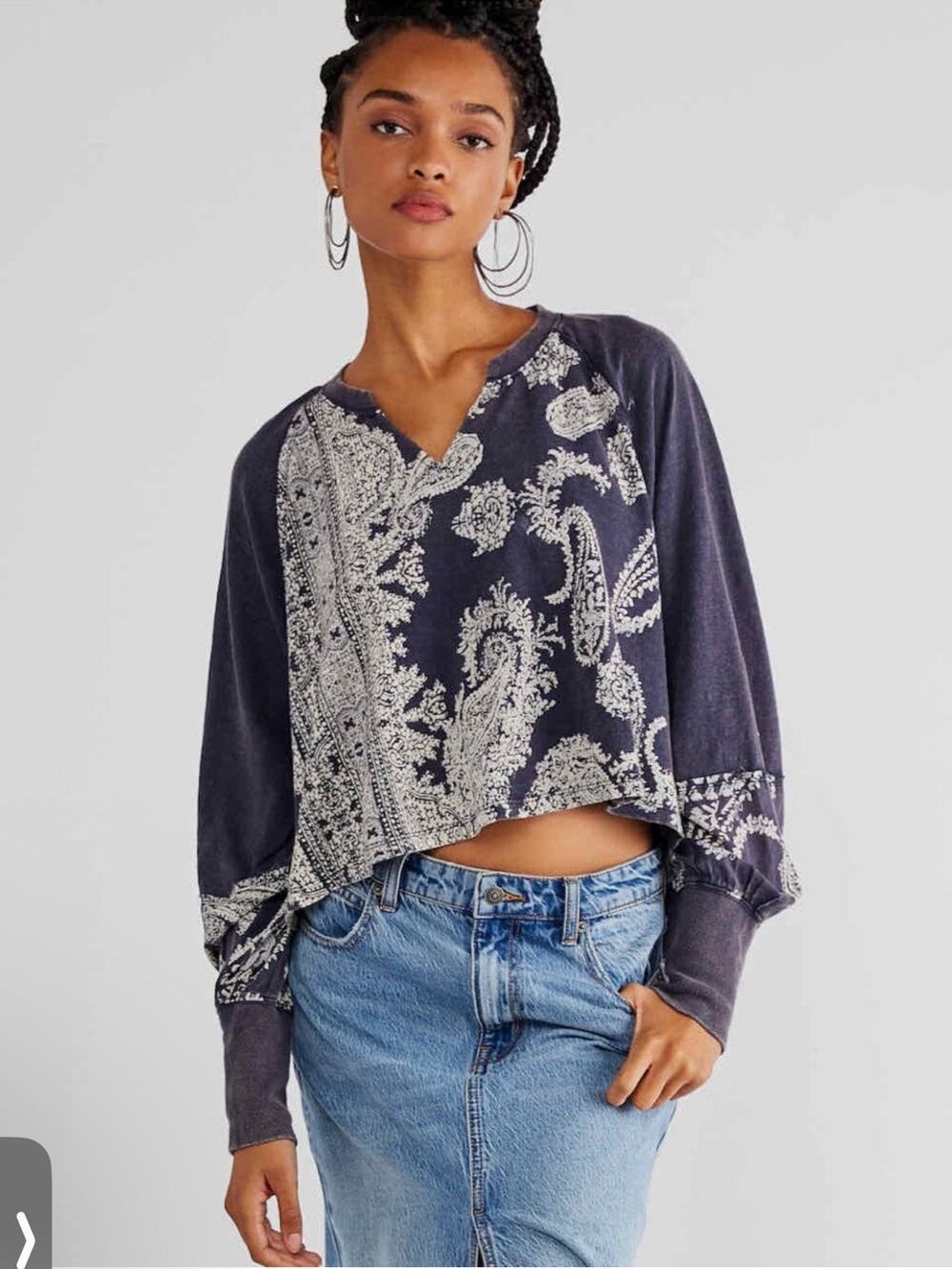 We The Free Navy Ivory Paisley Cropped Split-Neck Sweatshirt